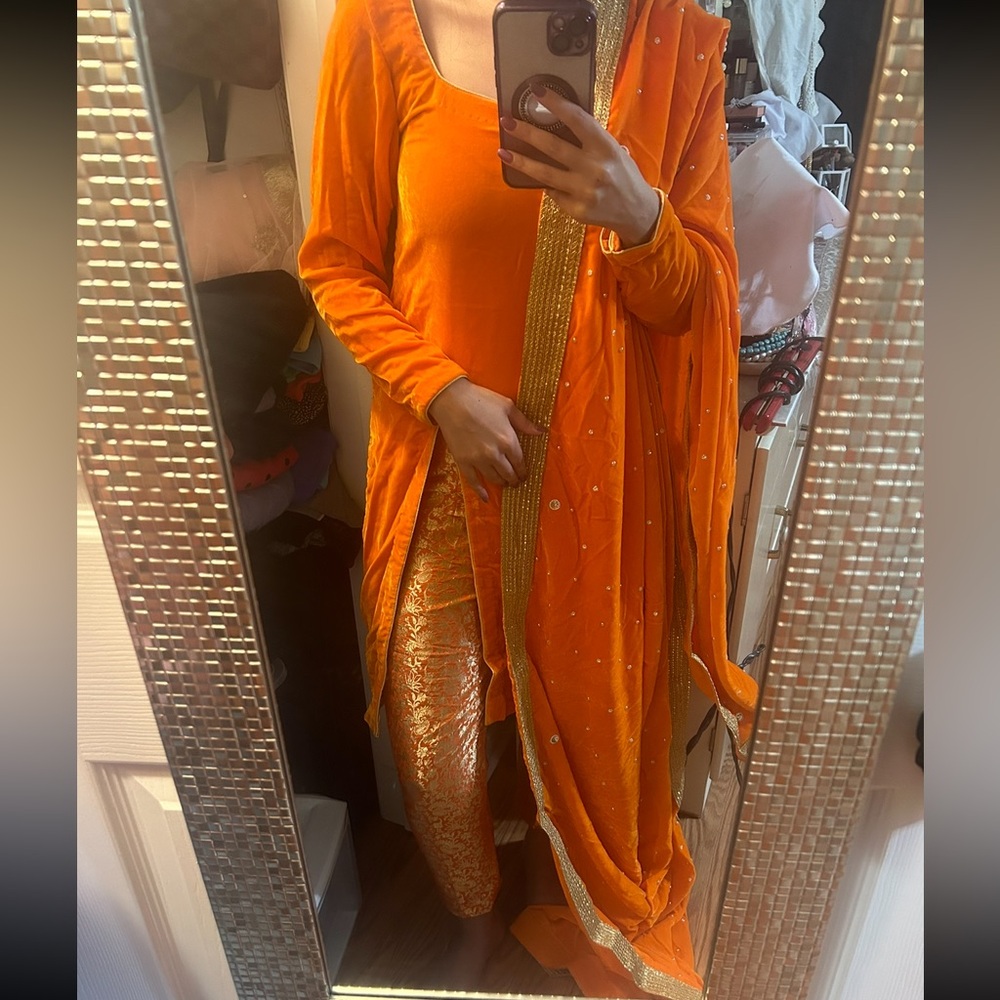 Micro velvet kameez and shawl with brocade pants